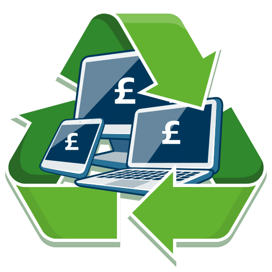 recycle logo in green with devices inside