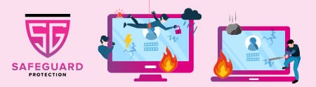 Illustration of computer security threats with two monitors under attack. Includes fire, lightning, cloud, and people infiltrating. "SAFEGUARD PROTECTION" logo displayed.