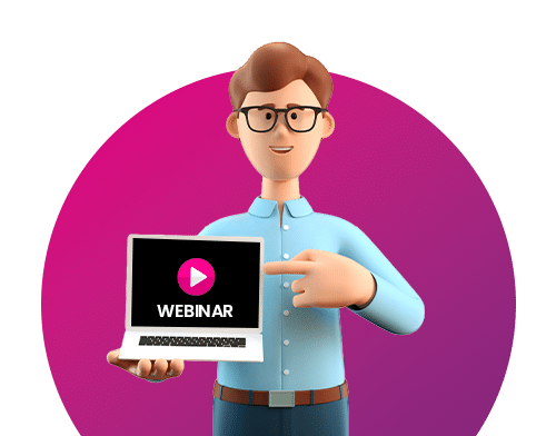 A cartoon person wearing glasses points to a laptop displaying the word "WEBINAR" against a vibrant pink and purple circular background.