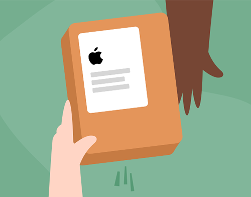 Person handing an apple branded package to another person