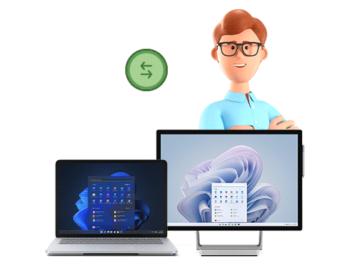 A cartoonish person stands behind a laptop and desktop, both displaying Windows interfaces. An arrow in a circle indicates exchange or connection.