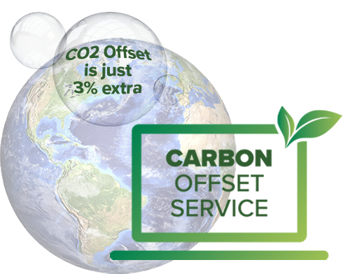 Earth with overlay text "CO2 Offset is just 3% extra," promoting a carbon offset service, featuring green graphics and bubbles.
