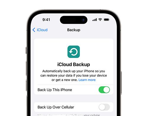 Screenshot of an iPhone showing the iCloud Backup settings. Options to back up the device automatically and over cellular are visible.