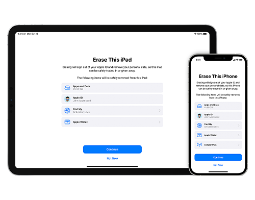 The image shows an iPad and iPhone displaying the "Erase This iPad/iPhone" screen, listing options for erasing apps, data, and settings.