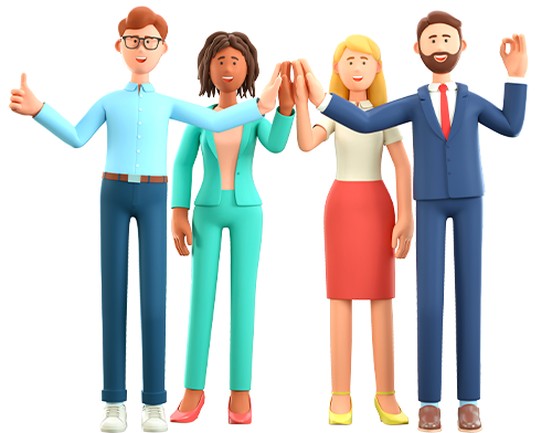 Four animated characters, dressed in business attire, stand together with raised hands, smiling and expressing positivity on a white background.