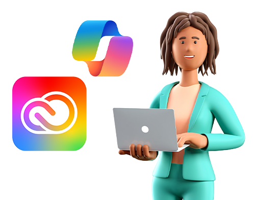 woman on laptop with creative cloud and microsoft 365